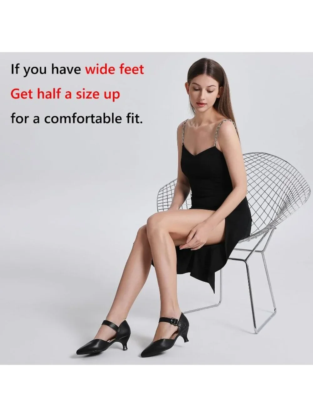 Women's Black Closed Pointed Toe Ankle Strap Buckle Heels Slip on Low Heel Shoes